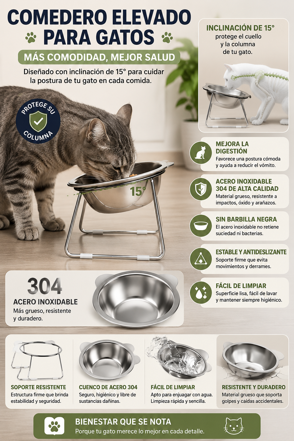 Comedero Elevado para Gatos de Acero Inoxidable 304 | Plato Antivómito con Inclinación de 15°