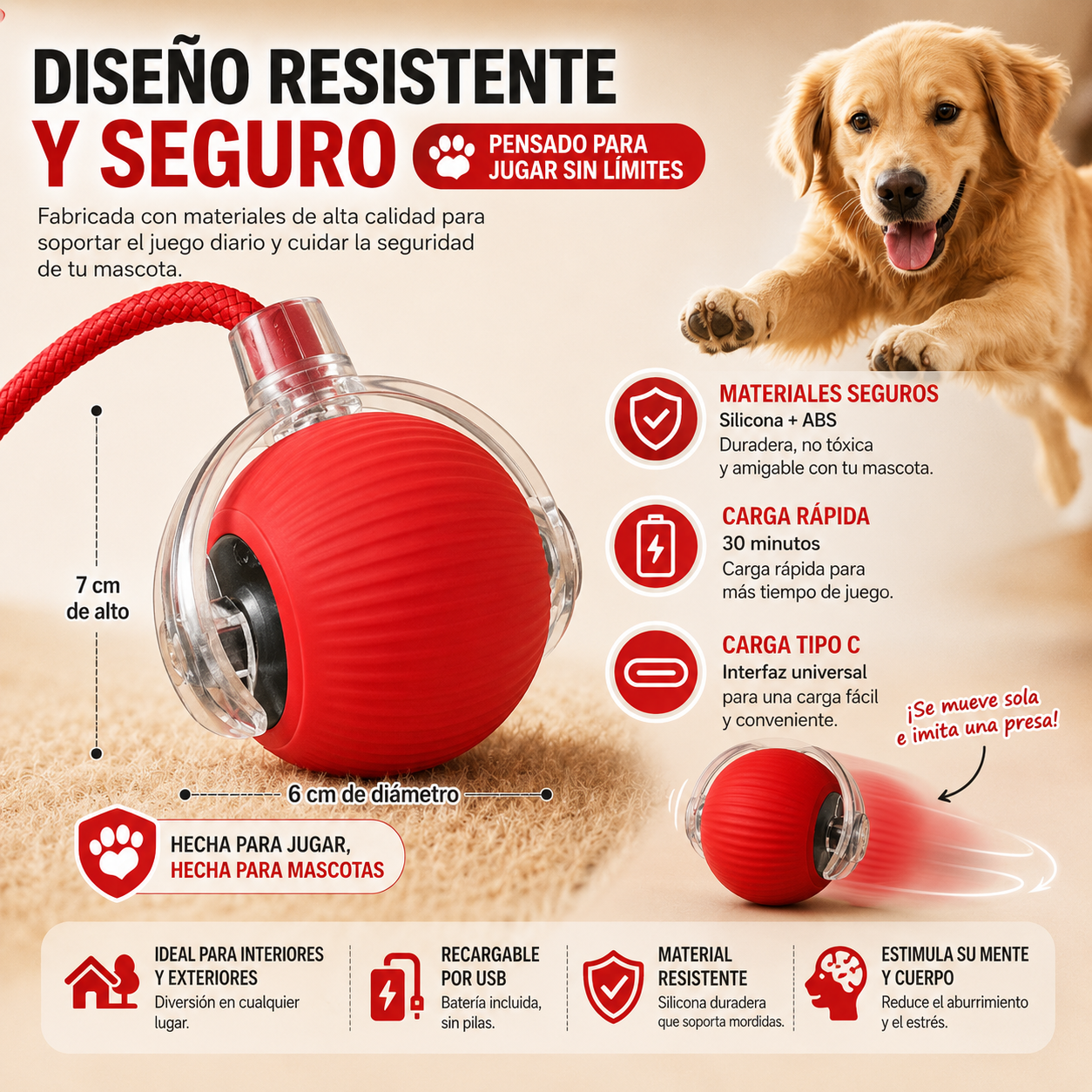Pelota Interactiva Inteligente Recargable para Perros – Juguete Automático con Movimiento