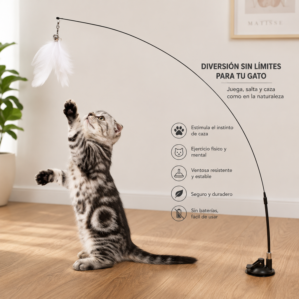 Juguete Interactivo para Gatos con Ventosa | Varita Automática con Plumas y Pájaro para Estimular su Instinto de Caza