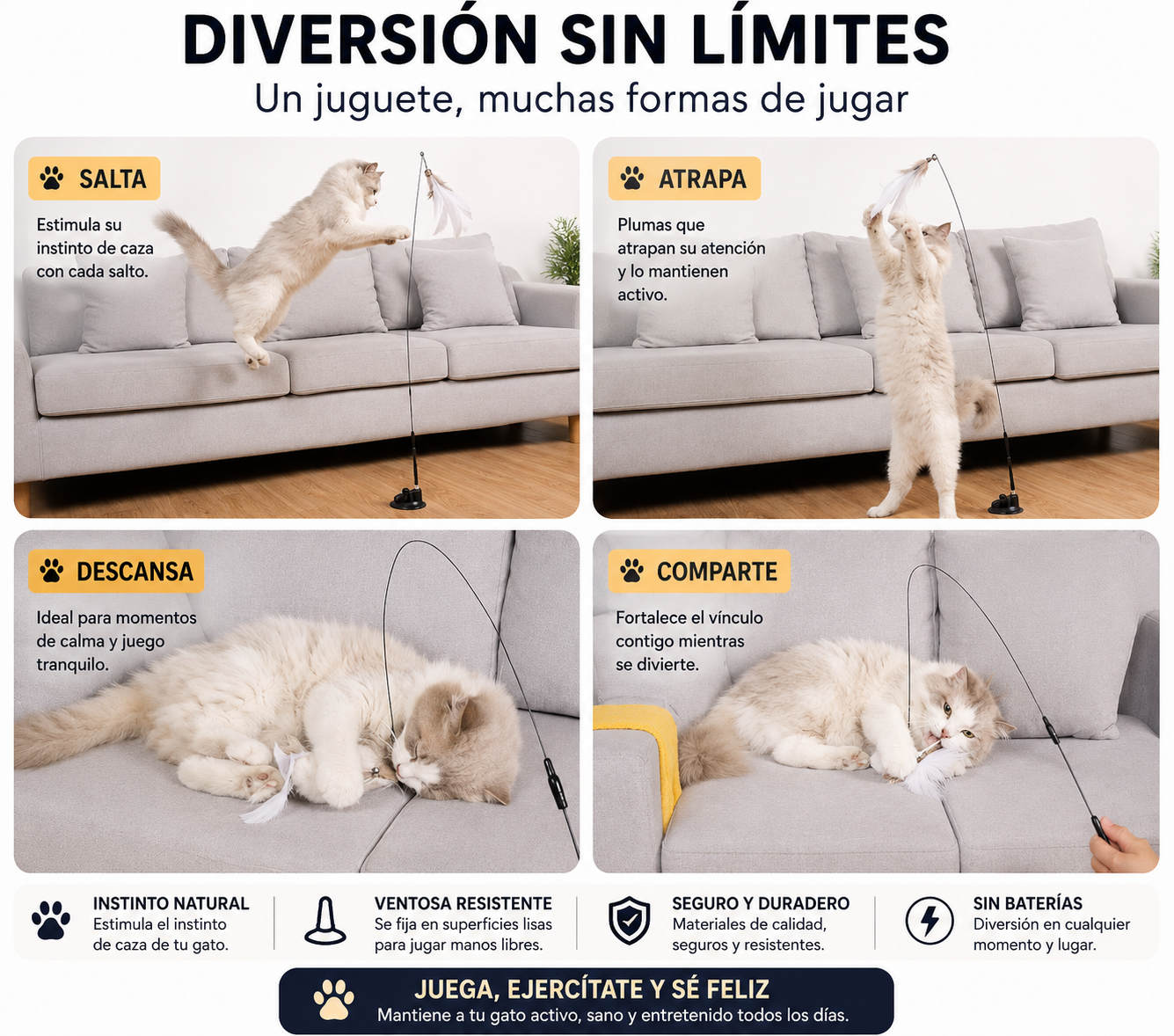 Juguete Interactivo para Gatos con Ventosa | Varita Automática con Plumas y Pájaro para Estimular su Instinto de Caza